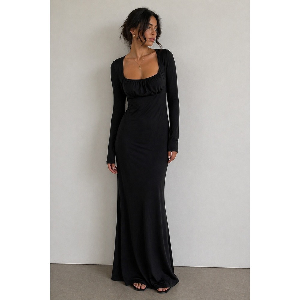 XL Black Long Sleeve Maxi Dress Square Neck Bodycon Minimalist Goth Stretch